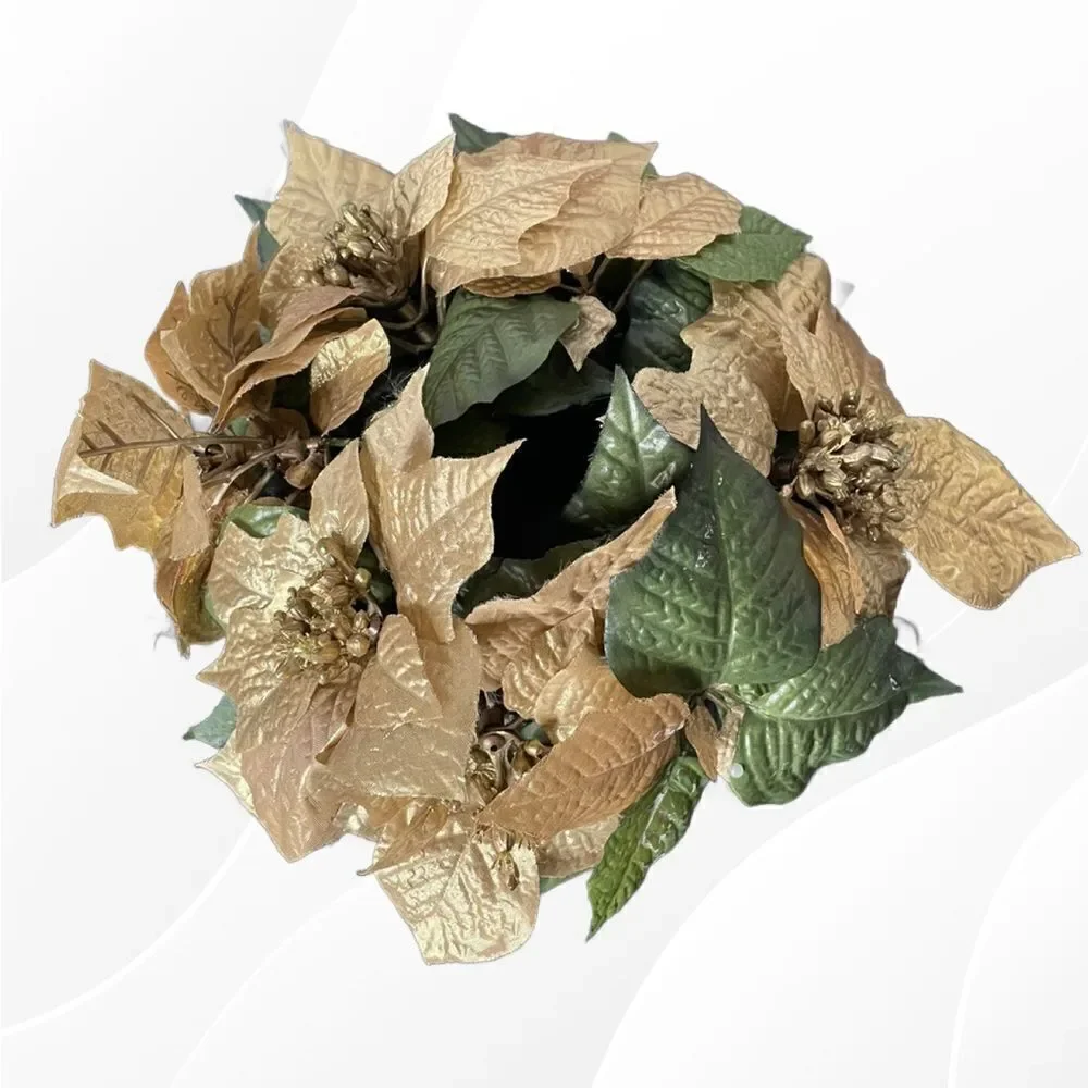 Gold Poinsettia & Green Leaf Circular Holiday Candle Holder w/Large Candle